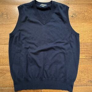 Brooks Brothers Saxxon Wool V-Neck Sweater Vest Mens Medium Navy Blue Solid